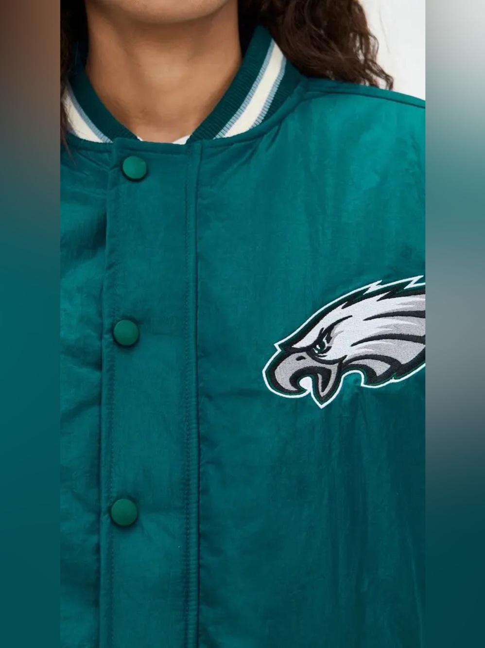 New! Terez  EAGLES Bomber Varsity Jacket 🦅🏈 Large Eagles Midnight Green + Sugar - Picture 11 of 12